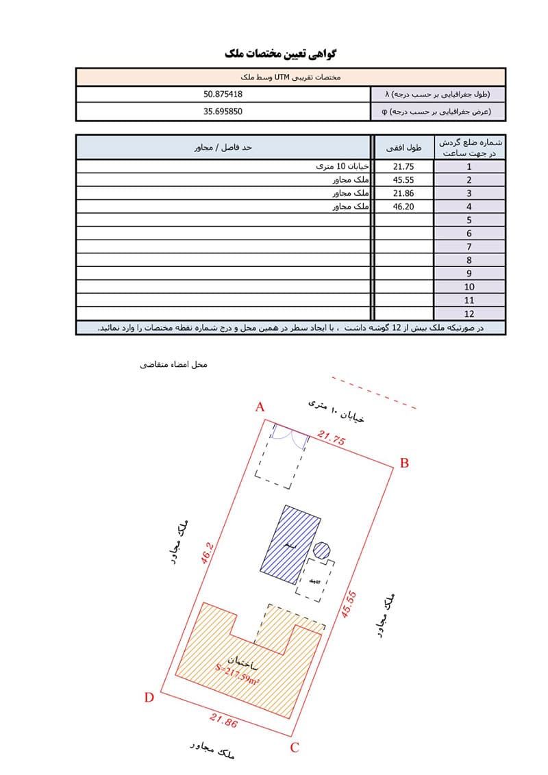 نمونه گواهی تعیین مختصات ملک